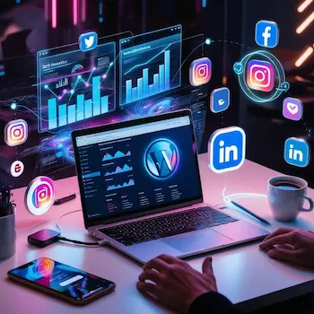 “AthiAds digital marketing expert in Edappal managing SEO, social media, and analytics on laptop